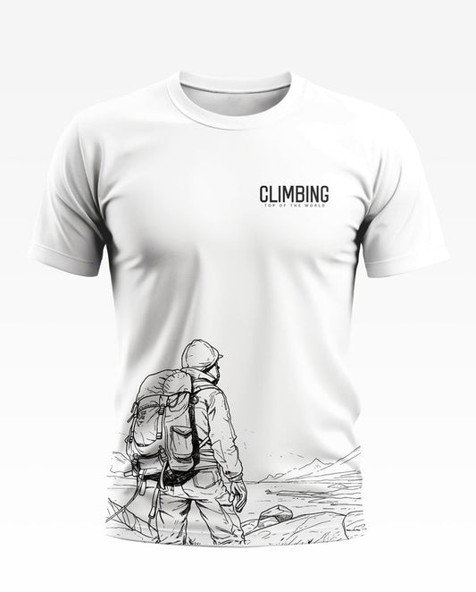 White men's t-shirt with climbing graphic and hiker print, mountaineering adventure design