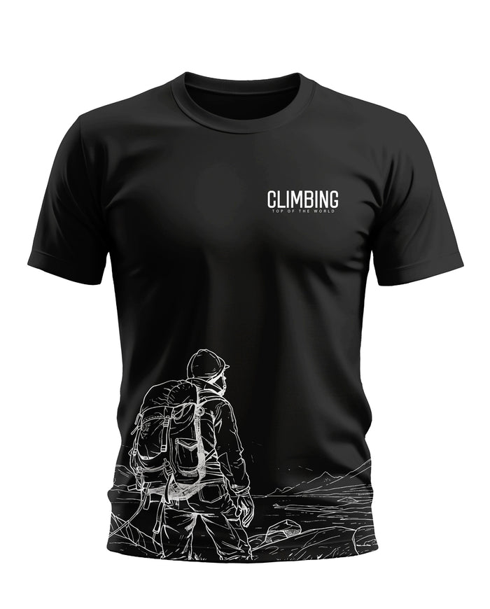 Black men's t-shirt with 'Climbing Top of the World' text and a mountain hiker graphic