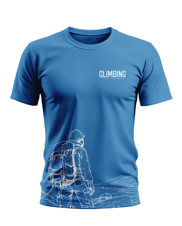 Blue men's t-shirt with 'Climbing Top of the World' text and hiker mountain graphic.