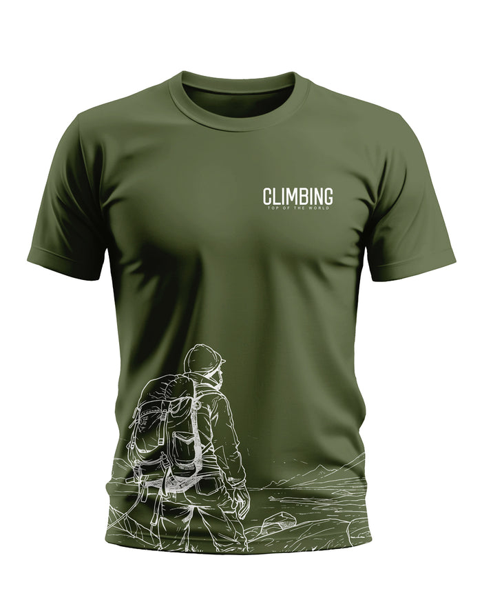 Olive green men's t-shirt with white climber and mountain sketch graphic, 'CLIMBING' text on chest.