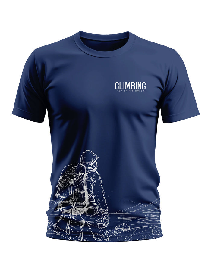 Navy blue men's t-shirt with 'Climbing' text and mountain hiker graphic print