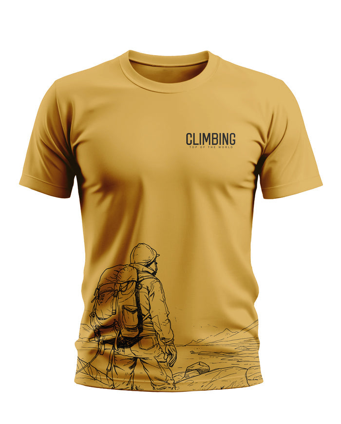 Yellow men's t-shirt with mountain climber graphic and 'Climbing Top of the World' text