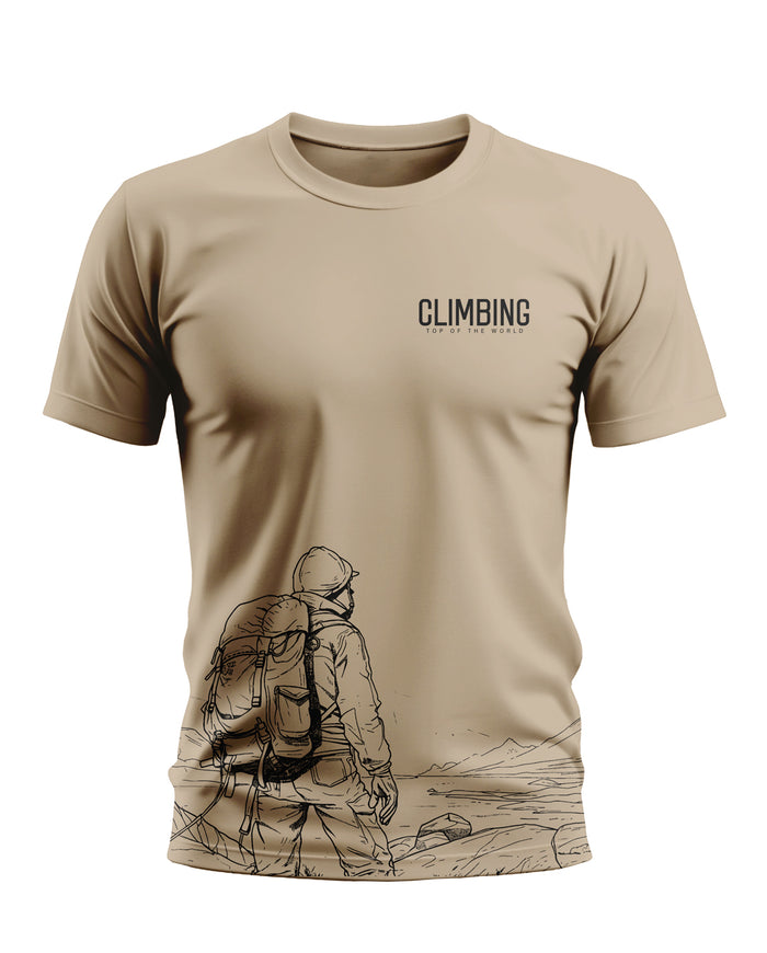 Beige men's t-shirt with 'CLIMBING Top of the World' text and mountain hiker graphic print