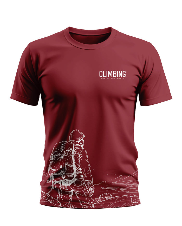 Maroon men's t-shirt with 'Climbing Top of the World' text and hiker mountain graphic