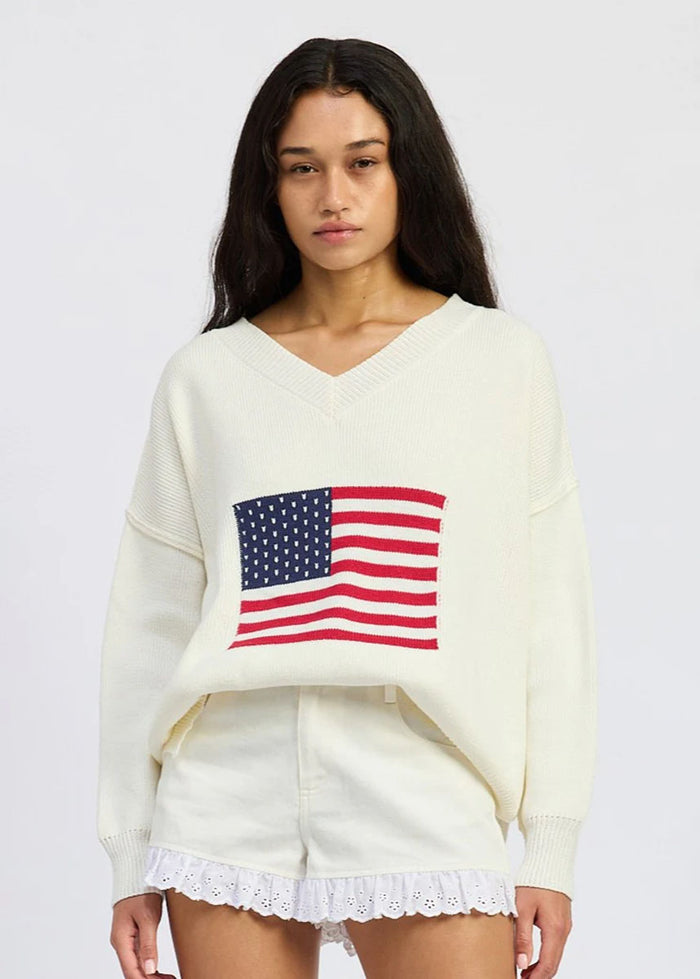 Coco V-Neck Flag Sweater - White, Red & Navy