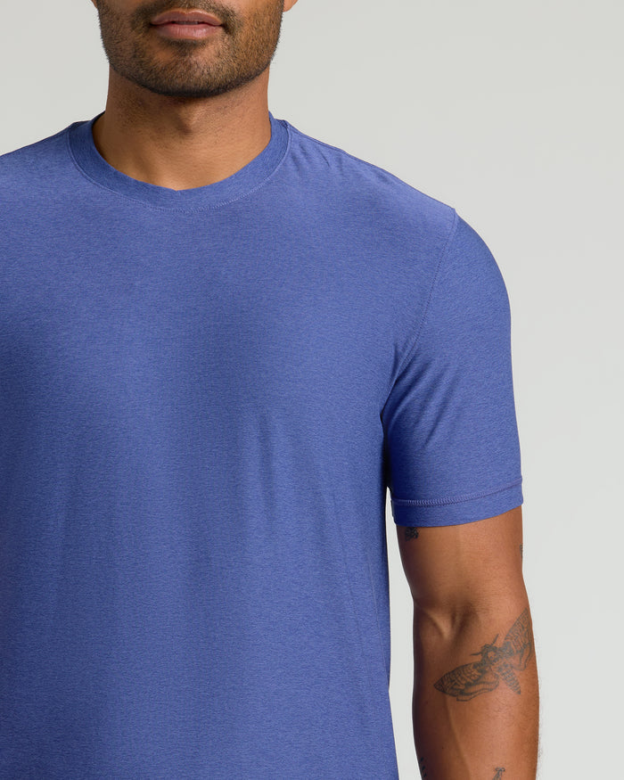 Cosmos Active Crew Neck Tee on man, showcasing moth tattoo.