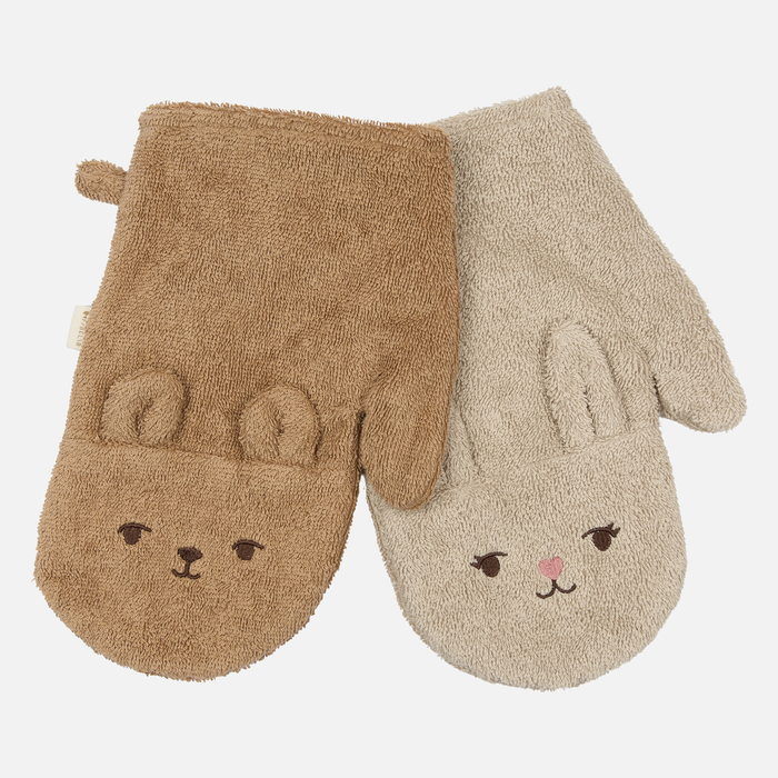 Cotton Bear & Bunny Bath Mittens - Oxford Tan
