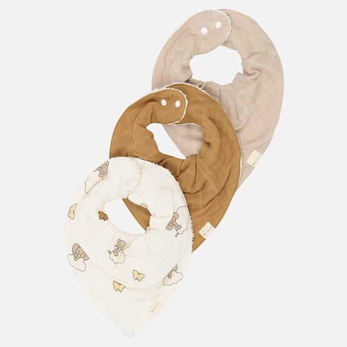 Cotton Muslin/Terry Bandana Elephant On The Air Bib - Oxford Tan - Set of 3