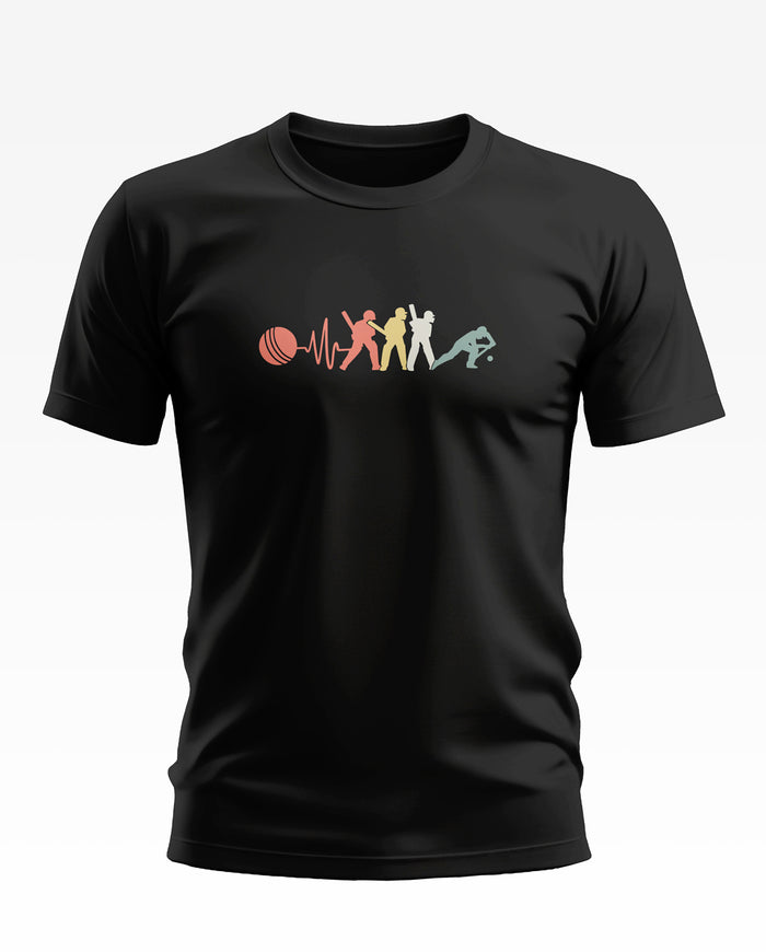 Black men's t-shirt featuring colorful cricket player silhouettes and a cricket ball graphic on chest