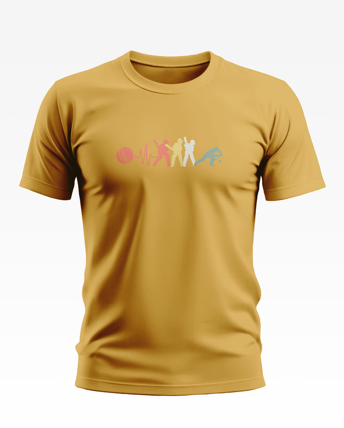 Yellow men's t-shirt with colorful cricket player silhouettes graphic on chest