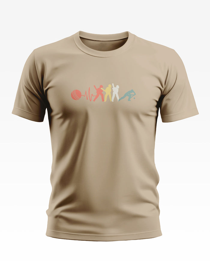 Beige men's t-shirt with colorful cricket-themed graphic on chest, short sleeves, crew neck
