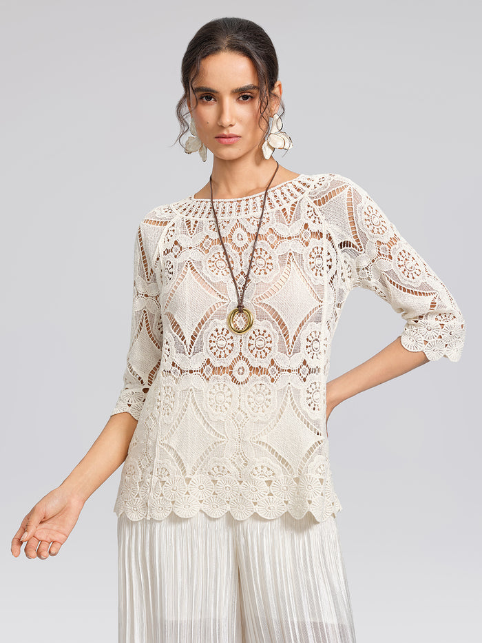 Crochet Lace Cutwork Wave Hem Flared Sleeve Top