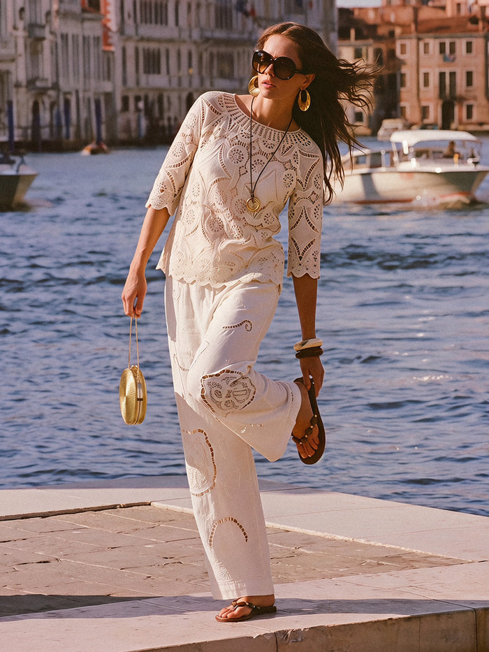 Crochet Lace Cutwork Wave Hem Flared Sleeve Top