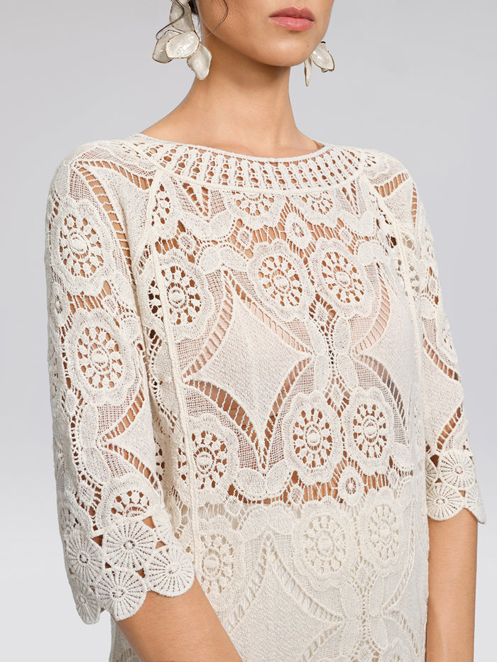 Crochet Lace Cutwork Wave Hem Flared Sleeve Top
