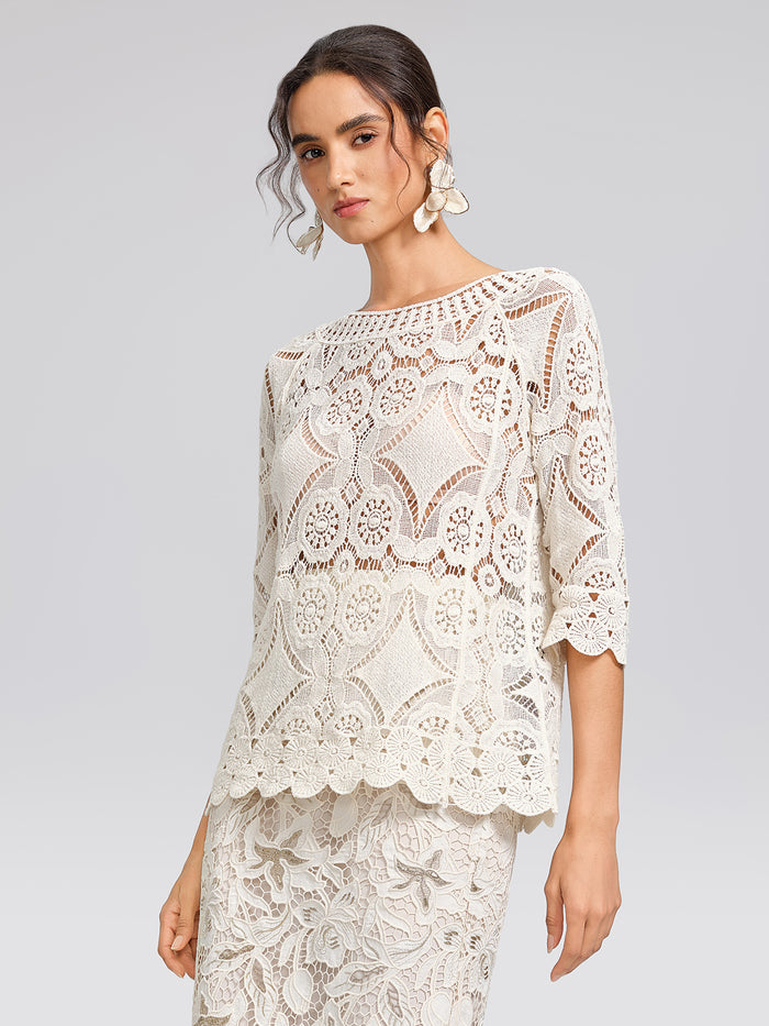 Crochet Lace Cutwork Wave Hem Flared Sleeve Top