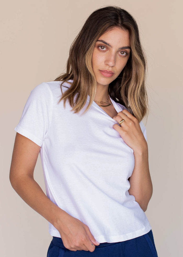 woman wearing basic crop tee in white