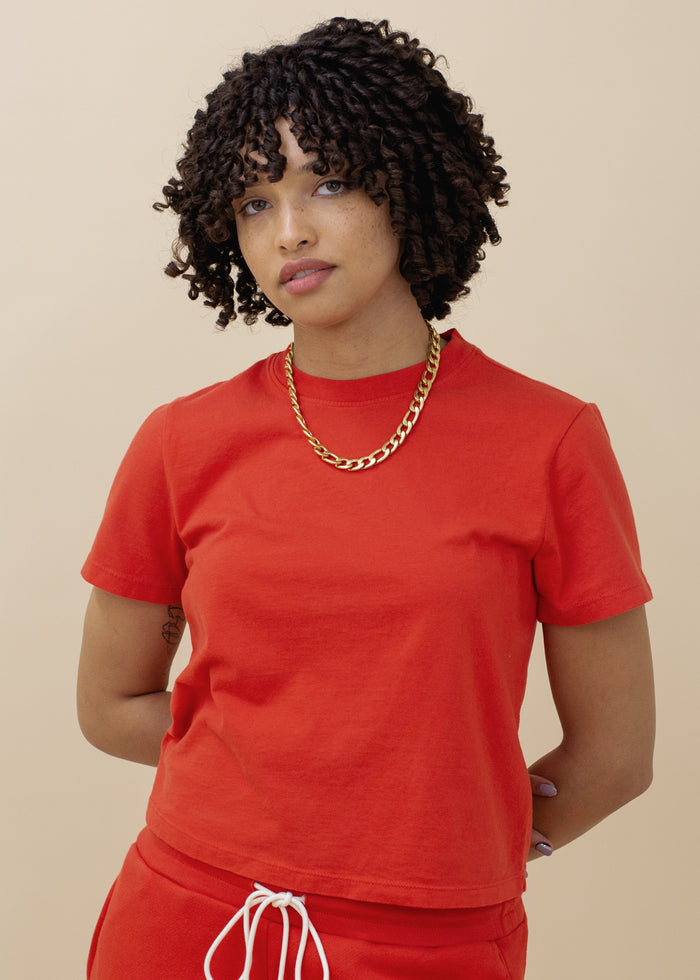 woman wearing basic crop tee in red