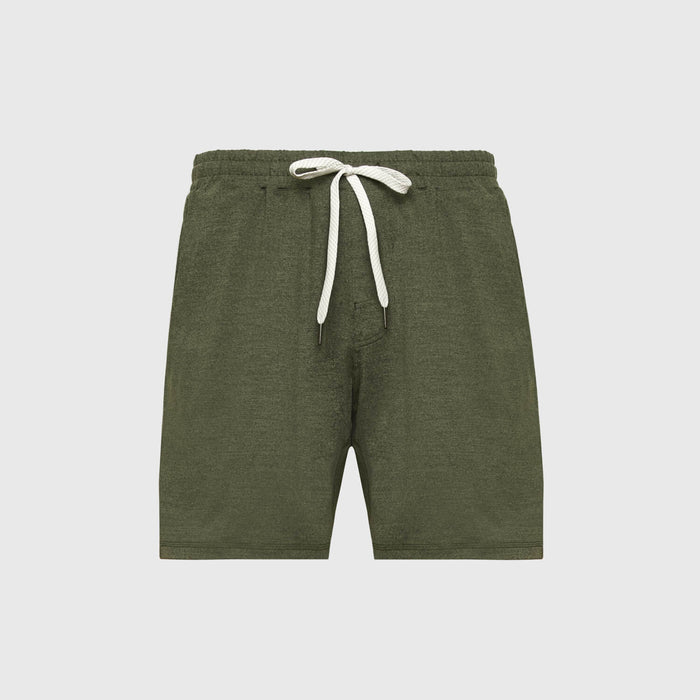 Olive-green knit shorts with white drawstring, titled Dark Heather Military Green Active Comfort Short.