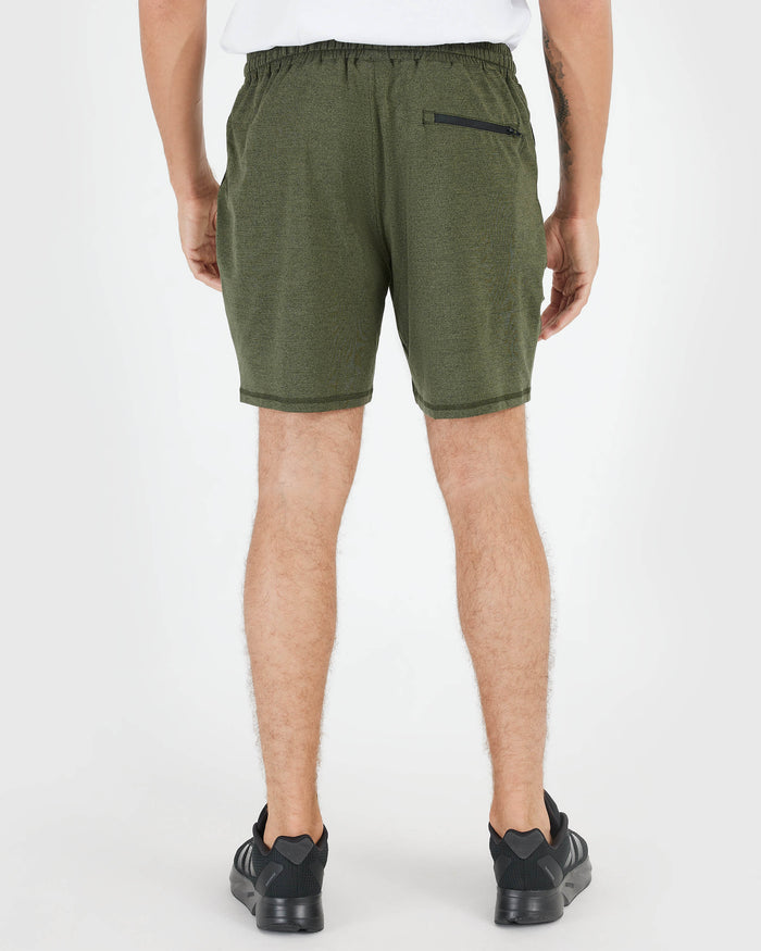 Rear view of olive-green Dark Heather Military Green Active Comfort Short.