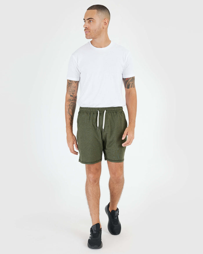 Man wearing Dark Heather Military Green Active Comfort Short.