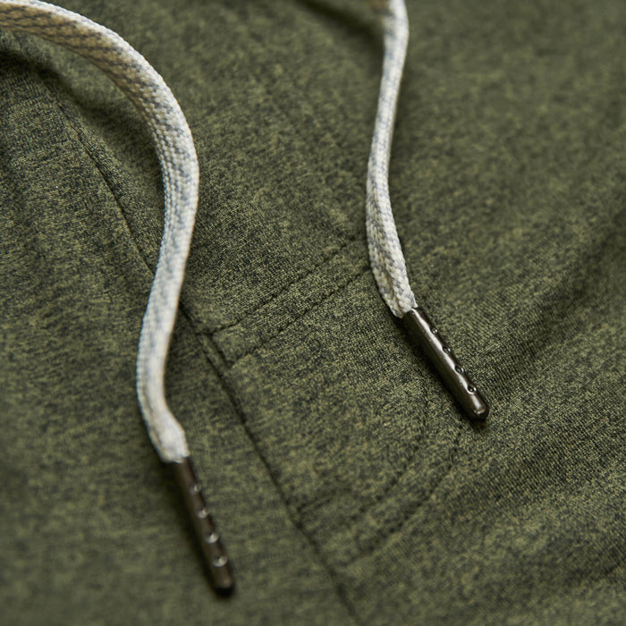 Dark Heather Military Green Active Comfort Short showcasing textured fabric and drawstring.