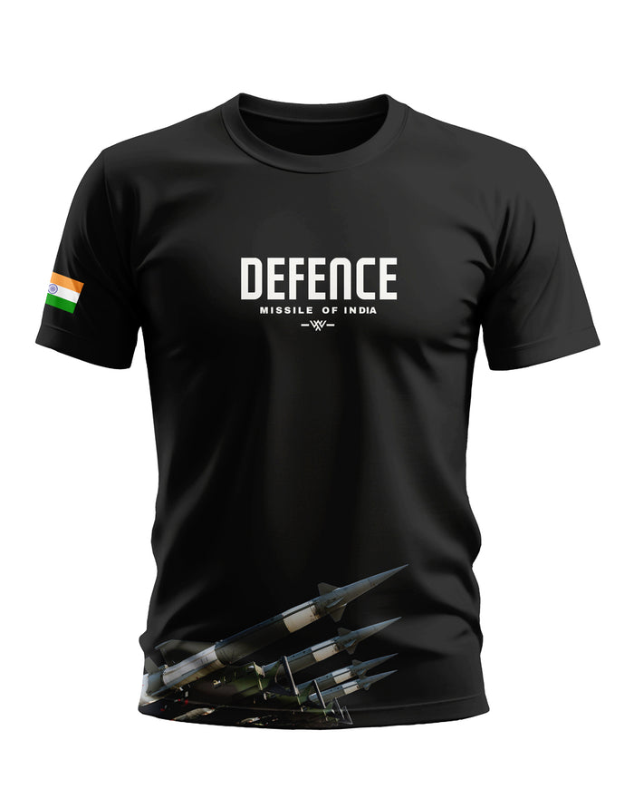 Black men's t-shirt with 'DEFENCE Missile of India' text, Indian flag on sleeve, and missile graphic at hem.