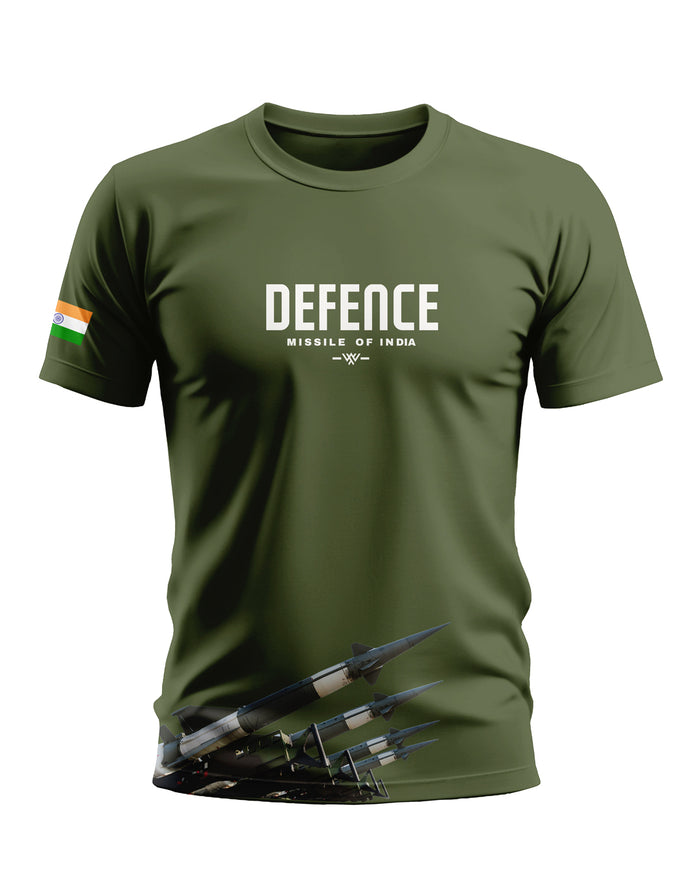 Olive green men's t-shirt with DEFENCE Missile of India print, Indian flag on sleeve, and missile graphic.