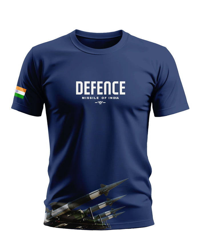 Navy blue men's t-shirt with 'Defence Missile of India' text, missile graphic, and Indian flag sleeve patch.