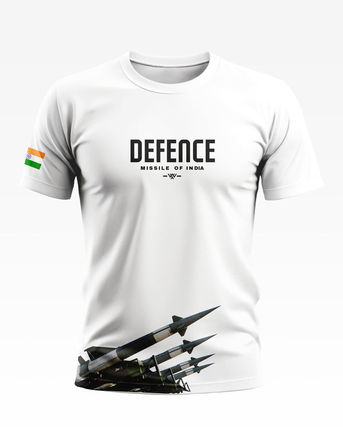 White men's t-shirt with 'Defence Missile of India' text, missile graphic, and India flag sleeve print