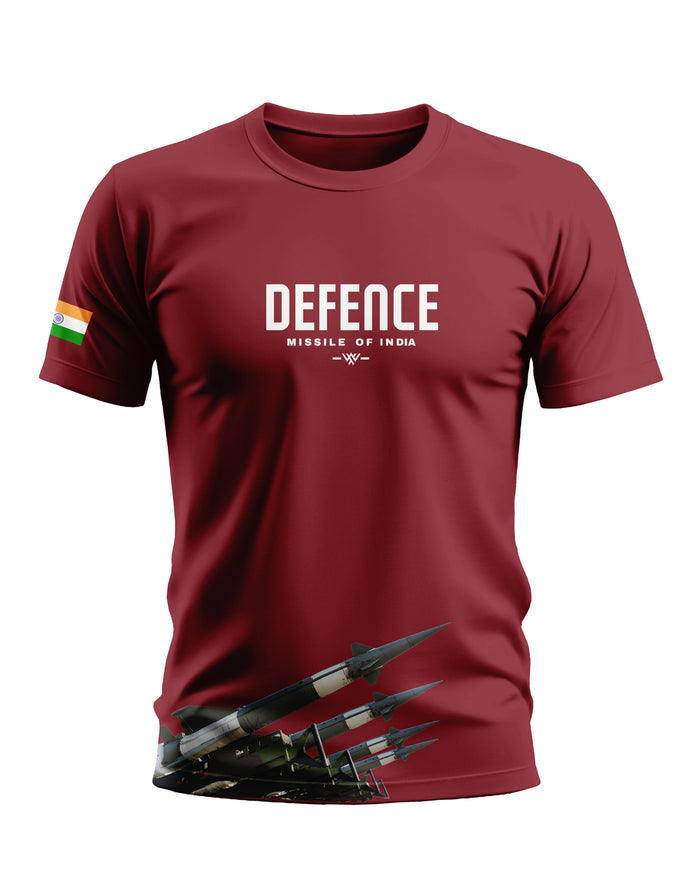 Maroon men's t-shirt with 'DEFENCE Missile of India' text, missiles graphic, and Indian flag sleeve patch
