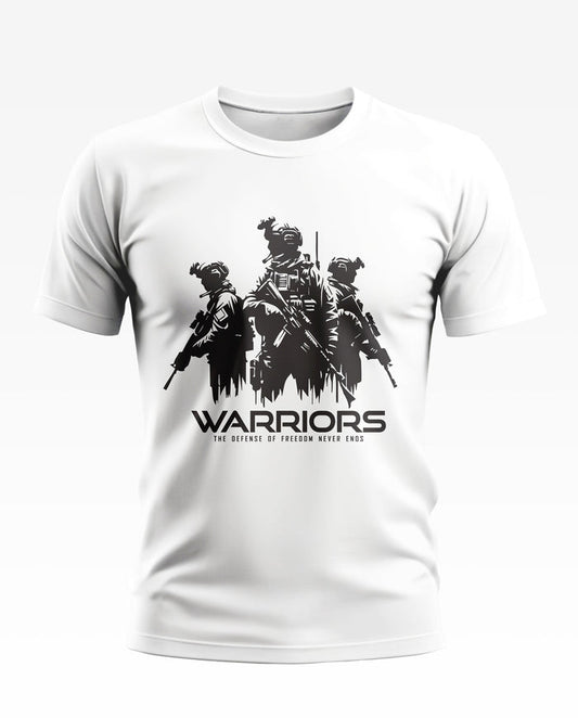 White men's t-shirt with black graphic of three army soldiers and text 'WARRIORS'.