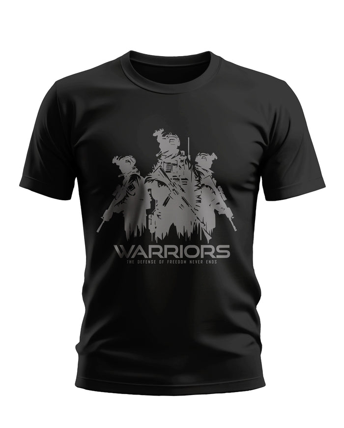 Black men's t-shirt with grey army soldier graphic and 'Warriors' text for military style fashion