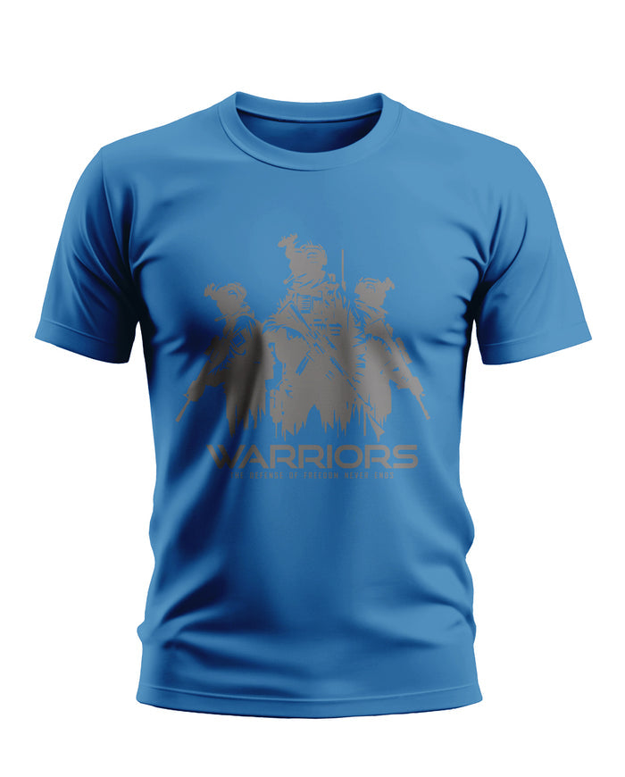 Blue men's t-shirt with army soldier graphic and 'Warriors' text, military fashion style