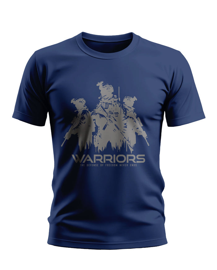 Navy blue men's t-shirt with gray graphic of soldiers and 'Warriors' text on front.