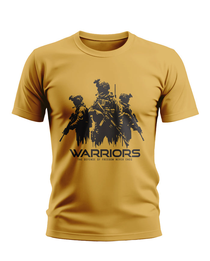 Yellow men's t-shirt with black military warriors graphic and 'The defense of freedom never ends' slogan.