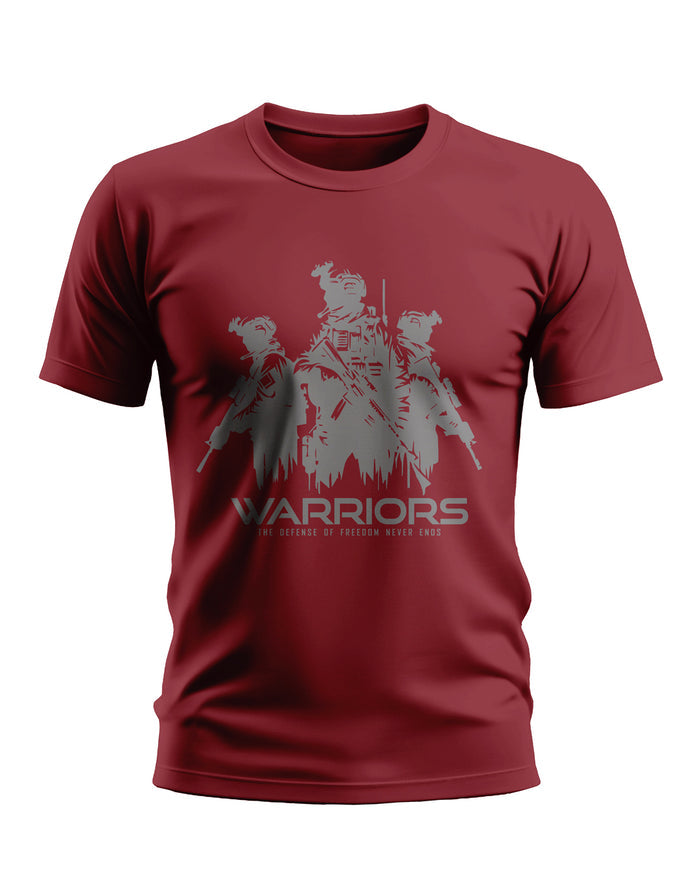 Maroon men's t-shirt with army soldiers graphic and 'WARRIORS' text for military style fashion
