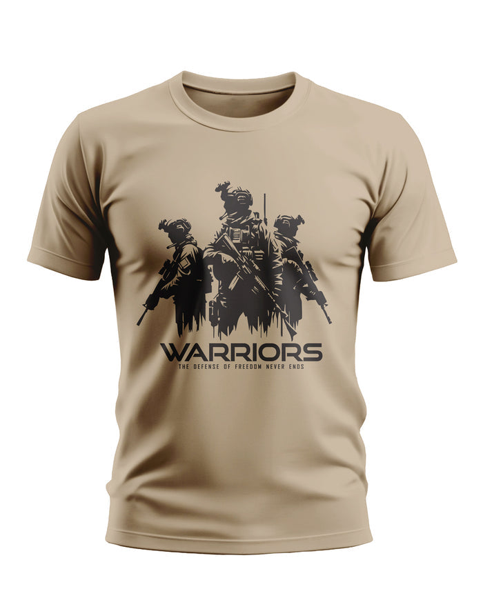 Beige men's t-shirt with black graphic of three armed soldiers and 'WARRIORS' text print