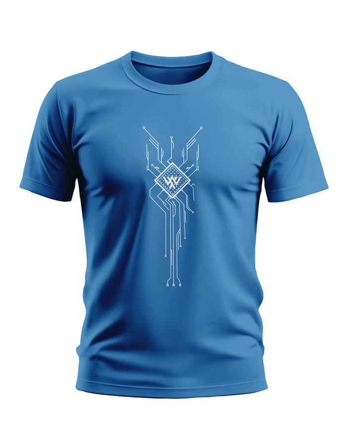 Blue men's t-shirt with white circuit board graphic and modern short sleeves