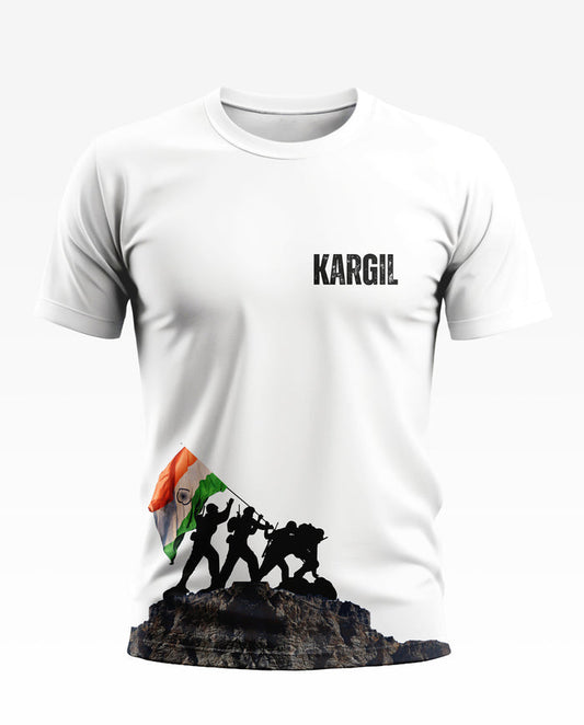 White Kargil t-shirt with soldiers holding Indian flag graphic and mountain print