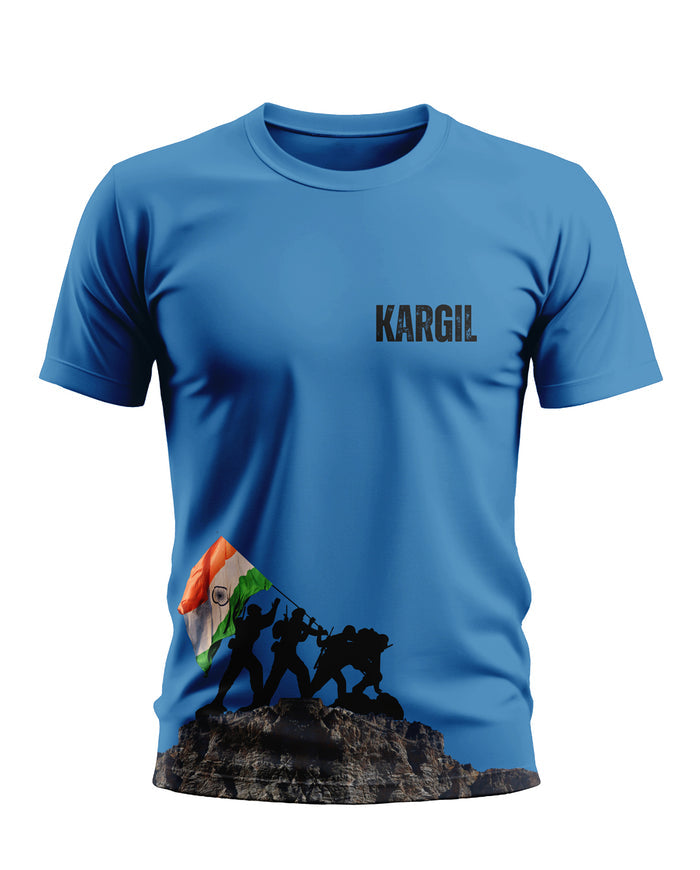 Blue Kargil t-shirt featuring silhouette soldiers raising Indian flag on a rocky hill