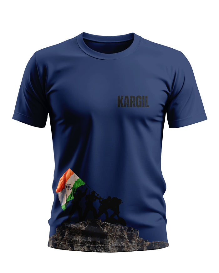 Navy blue Kargil t-shirt with silhouette soldiers raising Indian flag on mountain print