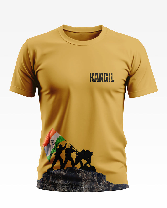 Yellow Kargil t-shirt with Indian soldiers silhouette and flag graphic, men's army fashion