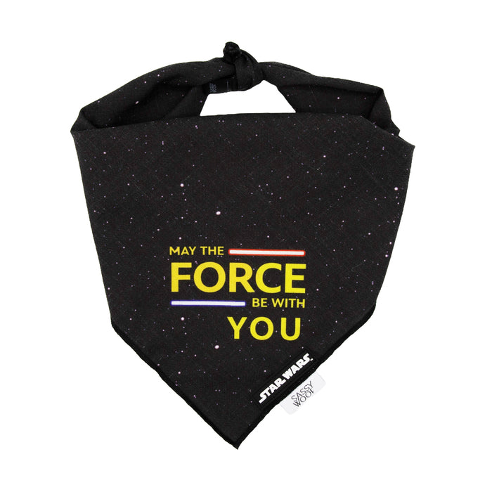 The Sassy Woof Dog Bandana - STAR WARS™ The Force features yellow and blue text on black, made of lightweight cotton. Fits necks up to 21.5 inches for comfy wear.