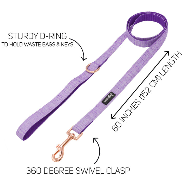 The Sassy Woof Dog Leash - Aurora is a bright purple 60-inch (152 cm) leash with rose gold hardware, sturdy D-ring for bags or keys, and labeled features—ideal to pair with a matching harness and collar.