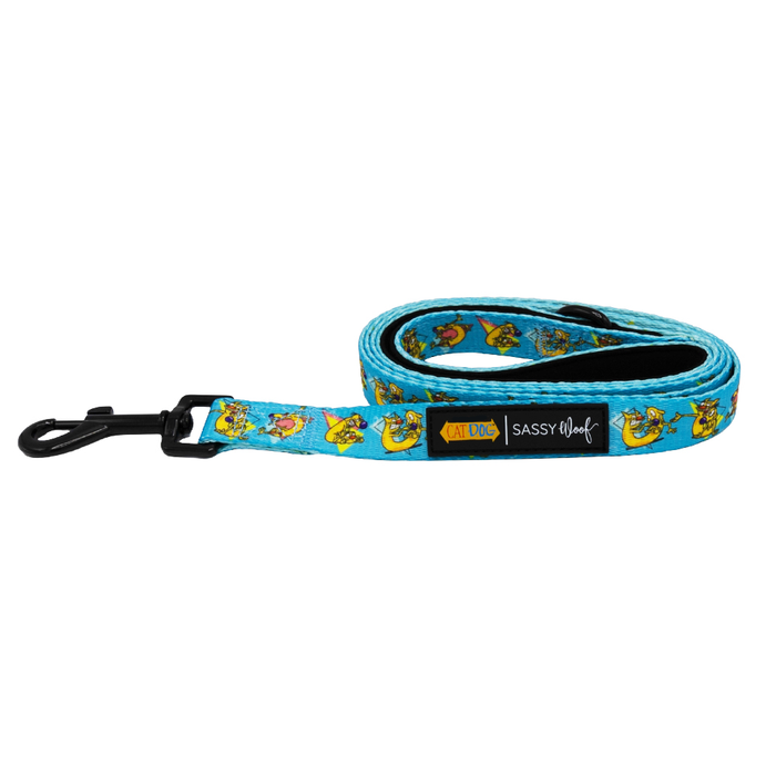 The Sassy Woof Dog Leash - Nickelodeon CatDog™ is blue, displays cartoon cat faces, has a sturdy black metal clasp, and features a CAT DOG | SASSY WOOF label.