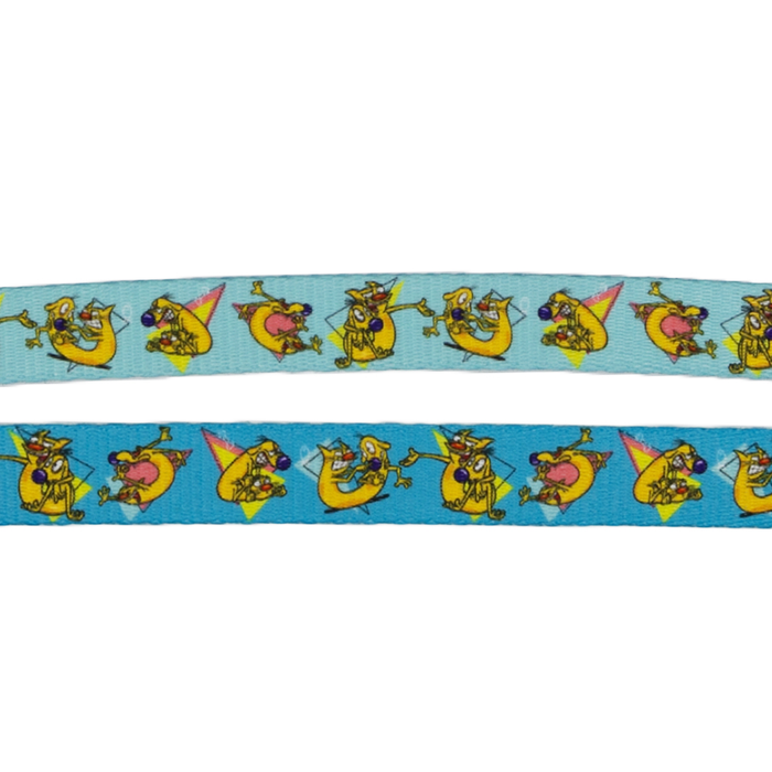 Two blue Dog Leash - Nickelodeon CatDog™ ribbons from Sassy Woof, featuring a yellow moon playing a trumpet and a pink character on a star—perfect for making an adjustable harness or leash.