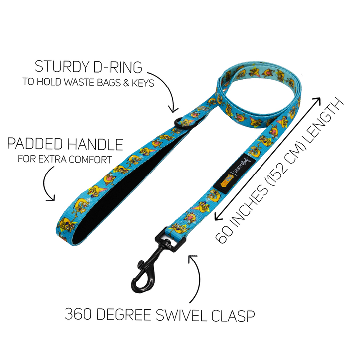 The Sassy Woof Dog Leash - Nickelodeon CatDog™ is a blue leash with cartoon characters, padded handle, sturdy D-ring, 360° swivel clasp, and measures 60 inches (152 cm). Perfectly pairs with any adjustable harness.