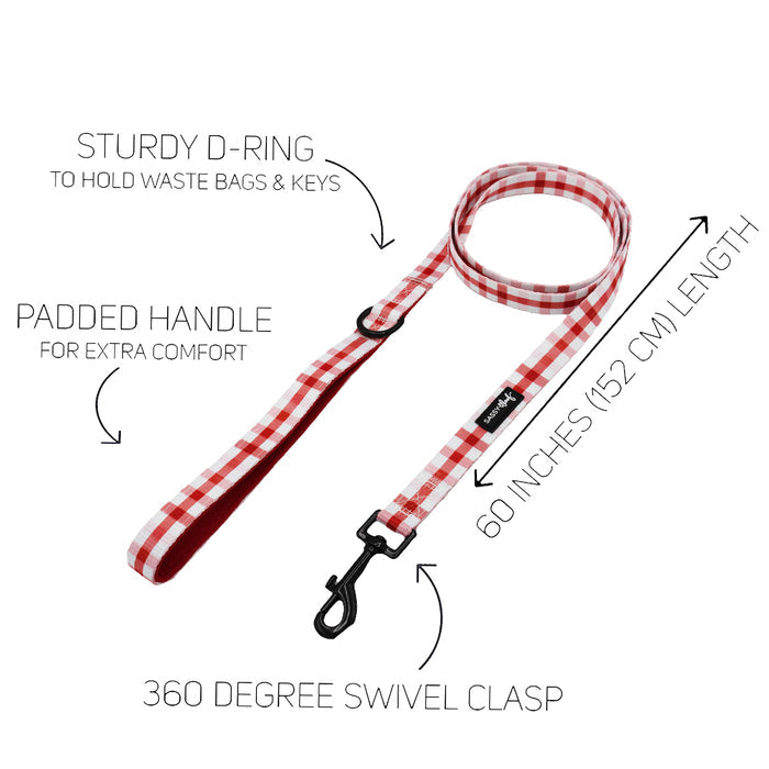 The Sassy Woof Dog Leash - Picnic Fur Two features a red and white checkered design, padded handle, sturdy D-ring for waste bags or keys, black 360° swivel clasp, and a 60-inch length—pairs perfectly with the matching harness.