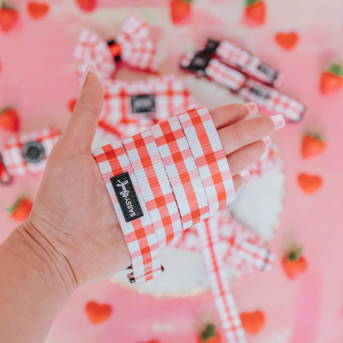 A hand holds the Sassy Woof Dog Leash - Picnic Fur Two, featuring a red-and-white checkered design and padded handle, against a pink background with artificial strawberries and matching accessories.