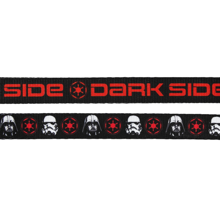 Sassy Woof’s STAR WARS™ The Dark Side dog leashes feature two black designs: one with red "DARK SIDE" text and Imperial symbols, the other with Darth Vader, Stormtroopers, and icons—each with a comfy neoprene handle.
